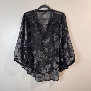Torrid Blouse Shirt 2 / 2X Black Floral Sheer Burnout Velvet Goth Peasant Fairy